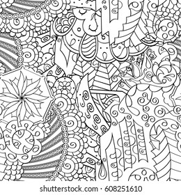 Tracery seamless calming pattern. Mehndi design. Ethnic monochrome binary doodle texture. Curved doodling black and white background. Vector.