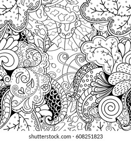 Tracery seamless calming pattern. Mehndi design. Ethnic monochrome binary doodle texture. Curved doodling black and white background. Vector.