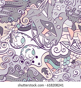 Tracery seamless calming pattern. Mehndi design. Ethnic colorful doodle texture. Curved doodling background. Vector.