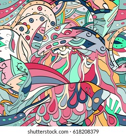 Tracery seamless calming pattern. Mehndi design. Ethnic colorful doodle texture. Curved doodling background. Vector.