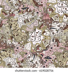 Tracery seamless calming pattern. Mehndi design. Ethnic colorful doodle texture. Curved doodling background. Vector.