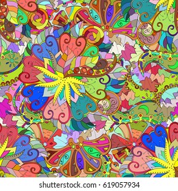 Tracery seamless calming pattern. Mehndi design. Ethnic colorful doodle texture. Curved doodling background. Vector.