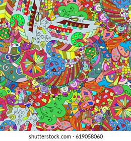 Tracery seamless calming pattern. Mehndi design. Ethnic colorful doodle texture. Curved doodling background. Vector.