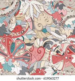 Tracery seamless calming pattern. Mehndi design. Ethnic colorful doodle texture. Curved doodling background. Vector.