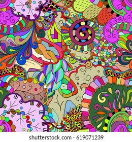 Tracery seamless calming pattern. Mehndi design. Ethnic colorful doodle texture. Curved doodling background. Vector.