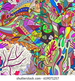 Tracery seamless calming pattern. Mehndi design. Ethnic colorful doodle texture. Curved doodling background. Vector.