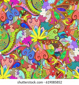 Tracery seamless calming pattern. Mehndi design. Ethnic colorful doodle texture. Curved doodling background. Vector.