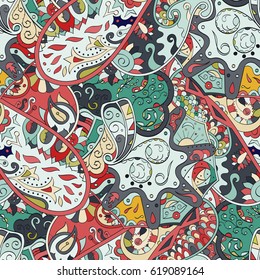 Tracery seamless calming pattern. Mehndi design. Ethnic colorful doodle texture. Curved doodling background. Vector.