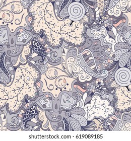 Tracery seamless calming pattern. Mehndi design. Ethnic colorful doodle texture. Curved doodling background. Vector.