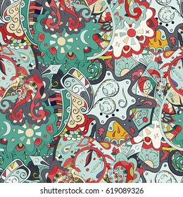 Tracery seamless calming pattern. Mehndi design. Ethnic colorful doodle texture. Curved doodling background. Vector.