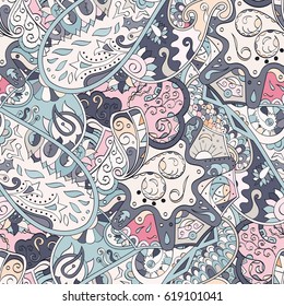 Tracery seamless calming pattern. Mehndi design. Ethnic colorful doodle texture. Curved doodling background. Vector.