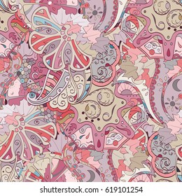 Tracery seamless calming pattern. Mehndi design. Ethnic colorful doodle texture. Curved doodling background. Vector.