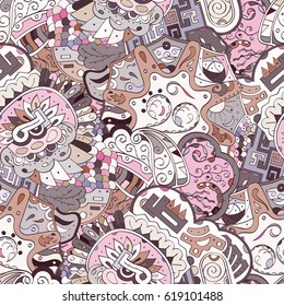 Tracery seamless calming pattern. Mehndi design. Ethnic colorful doodle texture. Curved doodling background. Vector.