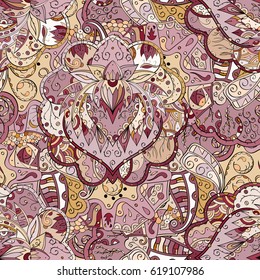 Tracery seamless calming pattern. Mehndi design. Ethnic colorful doodle texture. Curved doodling background. Vector.