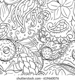 Tracery seamless calming pattern. Mehndi design. Ethnic monochrome binary doodle texture. Curved doodling black and white background. Vector.