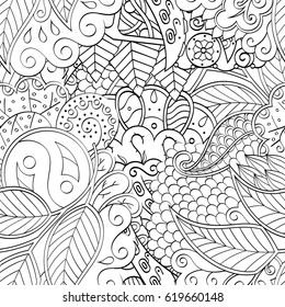 Tracery seamless calming pattern. Mehndi design. Ethnic monochrome binary doodle texture. Curved doodling black and white background. Vector.