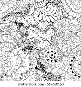 Tracery seamless calming pattern. Mehndi design. Ethnic monochrome binary doodle texture. Curved doodling black and white background. Vector.