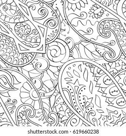 Tracery seamless calming pattern. Mehndi design. Ethnic monochrome binary doodle texture. Curved doodling black and white background. Vector.