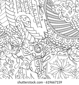 Tracery seamless calming pattern. Mehndi design. Ethnic monochrome binary doodle texture. Curved doodling black and white background. Vector.