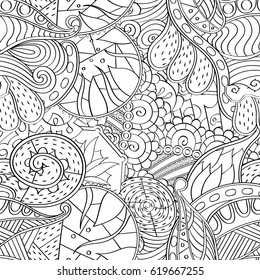 Tracery seamless calming pattern. Mehndi design. Ethnic monochrome binary doodle texture. Curved doodling black and white background. Vector.