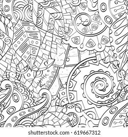 Tracery seamless calming pattern. Mehndi design. Ethnic monochrome binary doodle texture. Curved doodling black and white background. Vector.