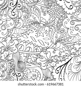 Tracery seamless calming pattern. Mehndi design. Ethnic monochrome binary doodle texture. Curved doodling black and white background. Vector.