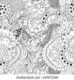 Tracery seamless calming pattern. Mehndi design. Ethnic monochrome binary doodle texture. Curved doodling black and white background. Vector.