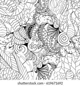 Tracery seamless calming pattern. Mehndi design. Ethnic monochrome binary doodle texture. Curved doodling black and white background. Vector.