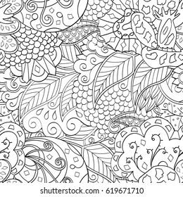 Tracery seamless calming pattern. Mehndi design. Ethnic monochrome binary doodle texture. Curved doodling black and white background. Vector.