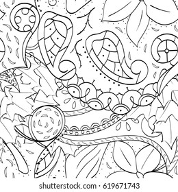 Tracery seamless calming pattern. Mehndi design. Ethnic monochrome binary doodle texture. Curved doodling black and white background. Vector.