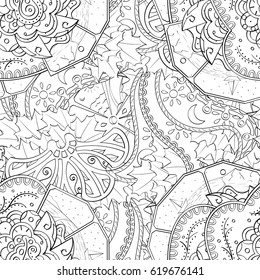 Tracery seamless calming pattern. Mehndi design. Ethnic monochrome binary doodle texture. Curved doodling black and white background. Vector.