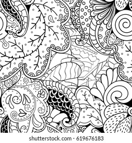 Tracery seamless calming pattern. Mehndi design. Ethnic monochrome binary doodle texture. Curved doodling black and white background. Vector.
