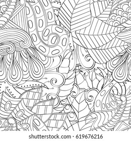 Tracery seamless calming pattern. Mehndi design. Ethnic monochrome binary doodle texture. Curved doodling black and white background. Vector.