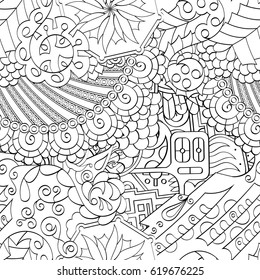 Tracery seamless calming pattern. Mehndi design. Ethnic monochrome binary doodle texture. Curved doodling black and white background. Vector.