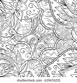 Tracery seamless calming pattern. Mehndi design. Ethnic monochrome binary doodle texture. Curved doodling black and white background. Vector.