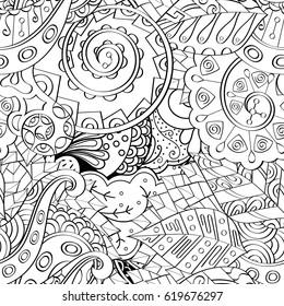 Tracery seamless calming pattern. Mehndi design. Ethnic monochrome binary doodle texture. Curved doodling black and white background. Vector.