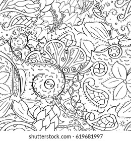 Tracery seamless calming pattern. Mehndi design. Ethnic monochrome binary doodle texture. Curved doodling black and white background. Vector.