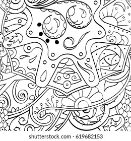 Tracery seamless calming pattern. Mehndi design. Ethnic monochrome binary doodle texture. Curved doodling black and white background. Vector.