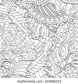 Tracery seamless calming pattern. Mehndi design. Ethnic monochrome binary doodle texture. Curved doodling black and white background. Vector.