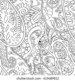 Tracery seamless calming pattern. Mehndi design. Ethnic monochrome binary doodle texture. Curved doodling black and white background. Vector.