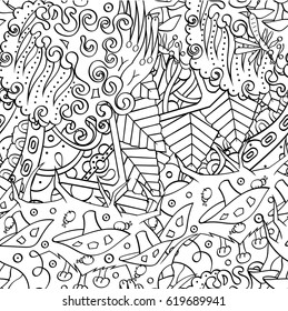 Tracery seamless calming pattern. Mehndi design. Ethnic monochrome binary doodle texture. Curved doodling black and white background. Vector.