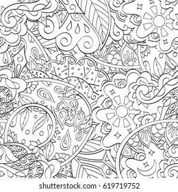 Tracery seamless calming pattern. Mehndi design. Ethnic monochrome binary doodle texture. Curved doodling black and white background. Vector.