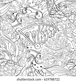 Tracery seamless calming pattern. Mehndi design. Ethnic monochrome binary doodle texture. Curved doodling black and white background. Vector.