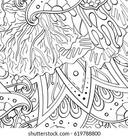 Tracery seamless calming pattern. Mehndi design. Ethnic monochrome binary doodle texture. Curved doodling black and white background. Vector.