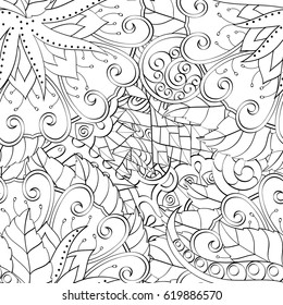 Tracery seamless calming pattern. Mehndi design. Ethnic monochrome binary doodle texture. Curved doodling black and white background. Vector.