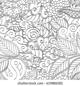 Tracery seamless calming pattern. Mehndi design. Ethnic monochrome binary doodle texture. Curved doodling black and white background. Vector.