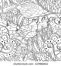 Tracery seamless calming pattern. Mehndi design. Ethnic monochrome binary doodle texture. Curved doodling black and white background. Vector.