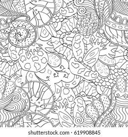 Tracery seamless calming pattern. Mehndi design. Ethnic monochrome binary doodle texture. Curved doodling black and white background. Vector.