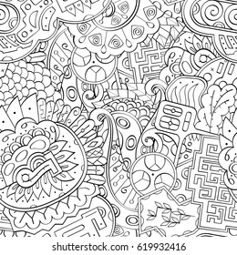 Tracery seamless calming pattern. Mehndi design. Ethnic monochrome binary doodle texture. Curved doodling black and white background. Vector.