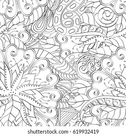 Tracery seamless calming pattern. Mehndi design. Ethnic monochrome binary doodle texture. Curved doodling black and white background. Vector.